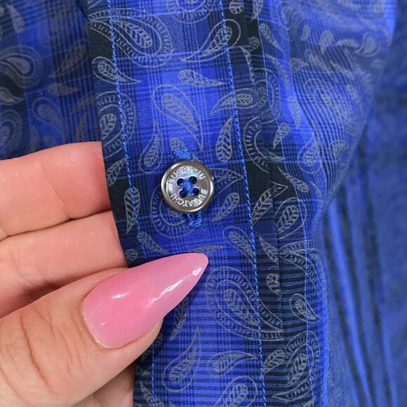 Bugatchi Uomo Dark Blue Medium Blue Plaid Paisley Print Button Down Dress Shirt - Picture 5 of 15
